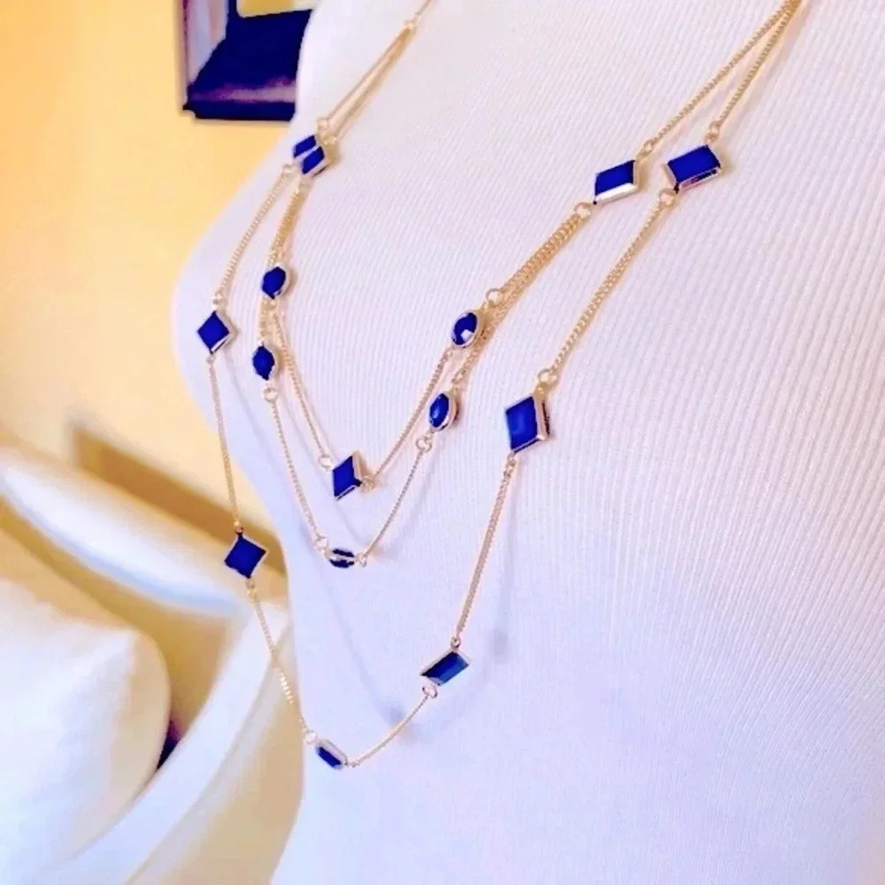 Zad NWT Gold Multi Strand Necklace Dark Blue Stone Accents 17"